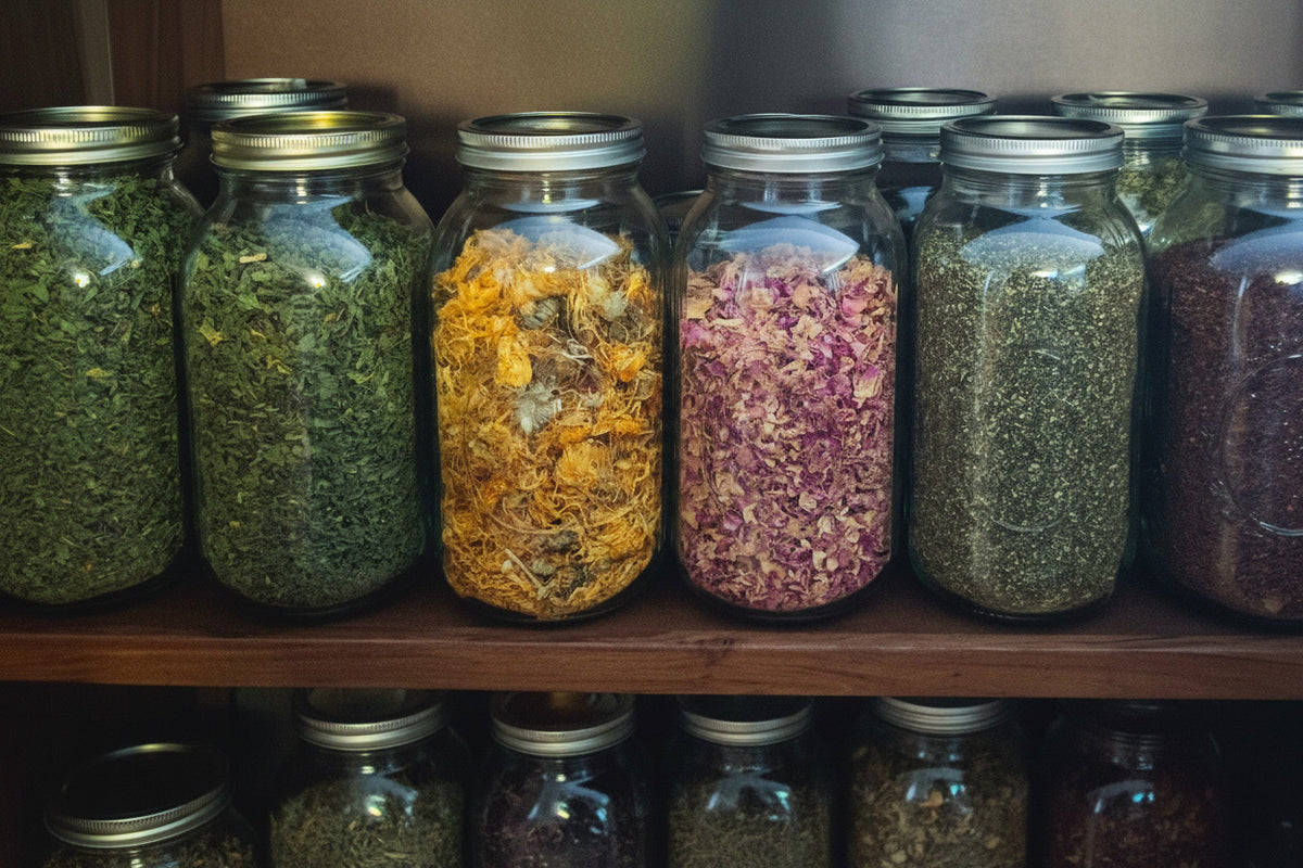 Row of glass jars filled with various dried herbs on a wooden shelf.