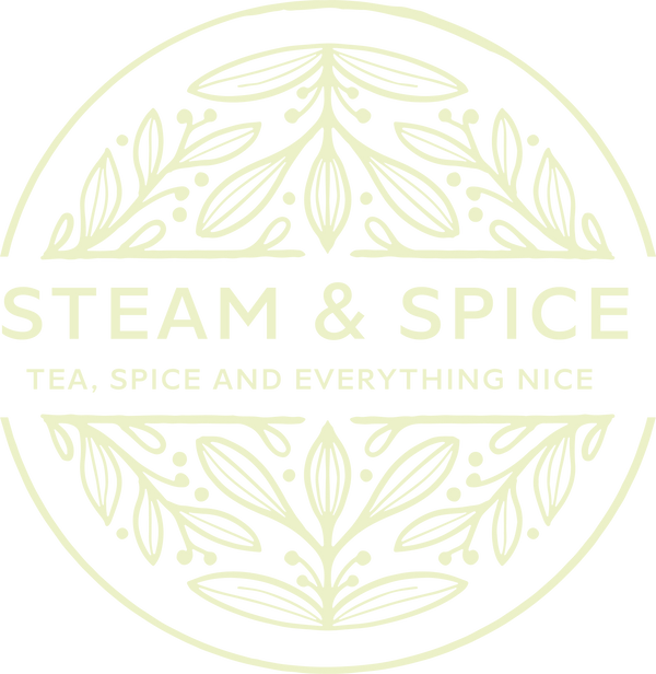 Logo of Steam & Spice with decorative elements on a white background